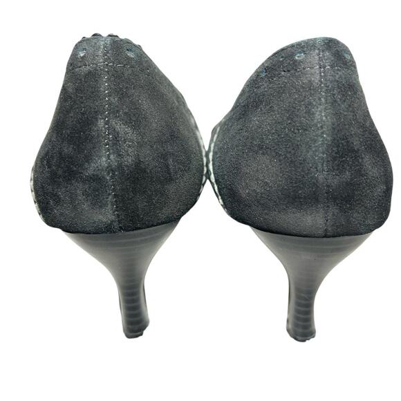 Y2K Black Leather Kitten Heels Sz 9W Pointed Toe Lace-Up Scalloped Edges Witchy - Picture 5 of 8